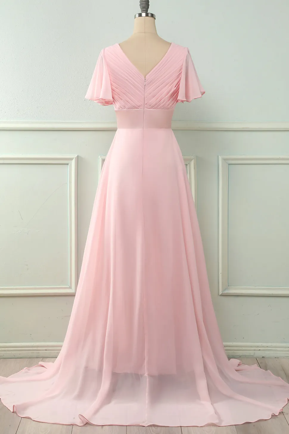 V Pescoço Rosa Dama de Honra Vestido com Ruffles