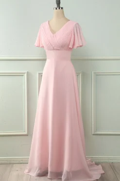 V Pescoço Rosa Dama de Honra Vestido com Ruffles