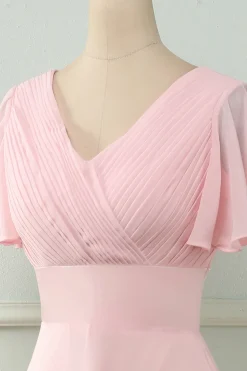 V Pescoço Rosa Dama de Honra Vestido com Ruffles