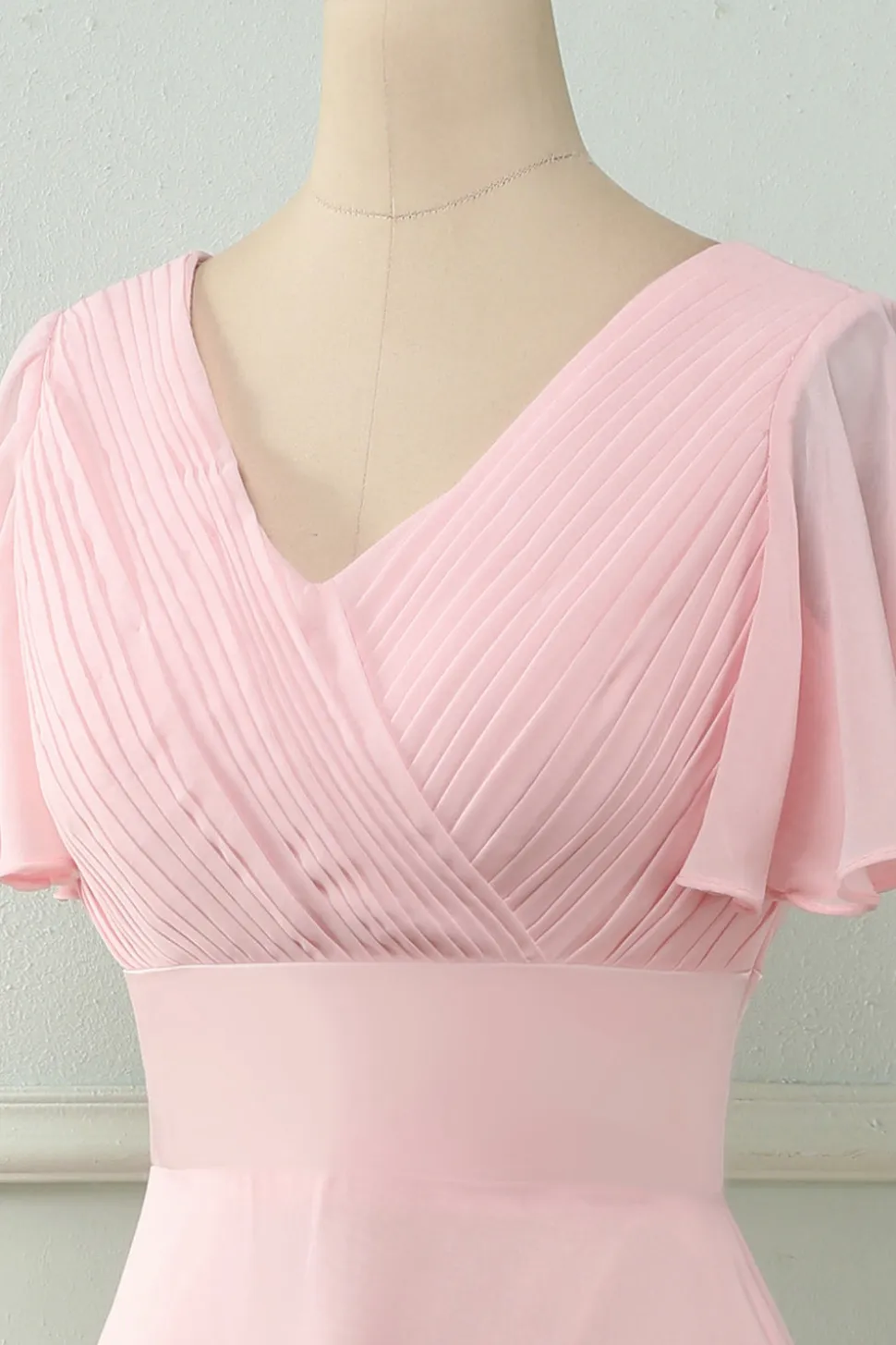 V Pescoço Rosa Dama de Honra Vestido com Ruffles