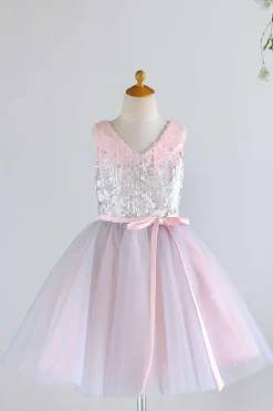 V pescoço rosa flor menina vestido com lantejoulas