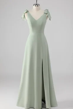 V Pescoço Uma Linha Bow Tie Sage Vestido Verde Madrinha com Fenda