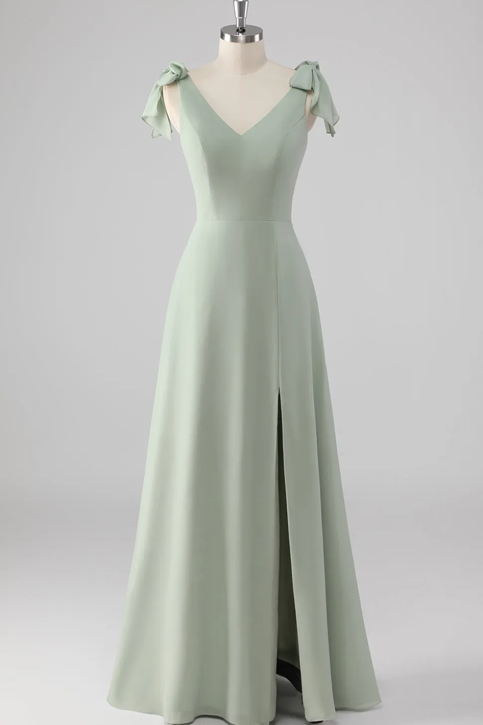 V Pescoço Uma Linha Bow Tie Sage Vestido Verde Madrinha com Fenda