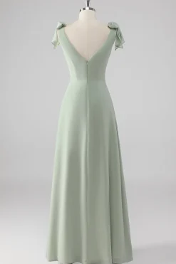V Pescoço Uma Linha Bow Tie Sage Vestido Verde Madrinha com Fenda