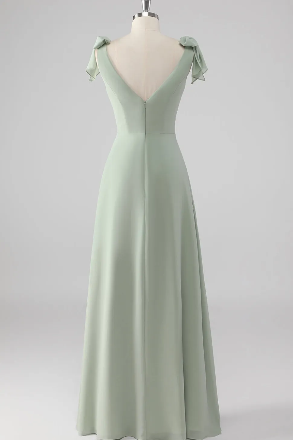 V Pescoço Uma Linha Bow Tie Sage Vestido Verde Madrinha com Fenda