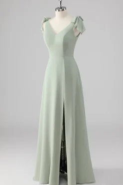 V Pescoço Uma Linha Bow Tie Sage Vestido Verde Madrinha com Fenda
