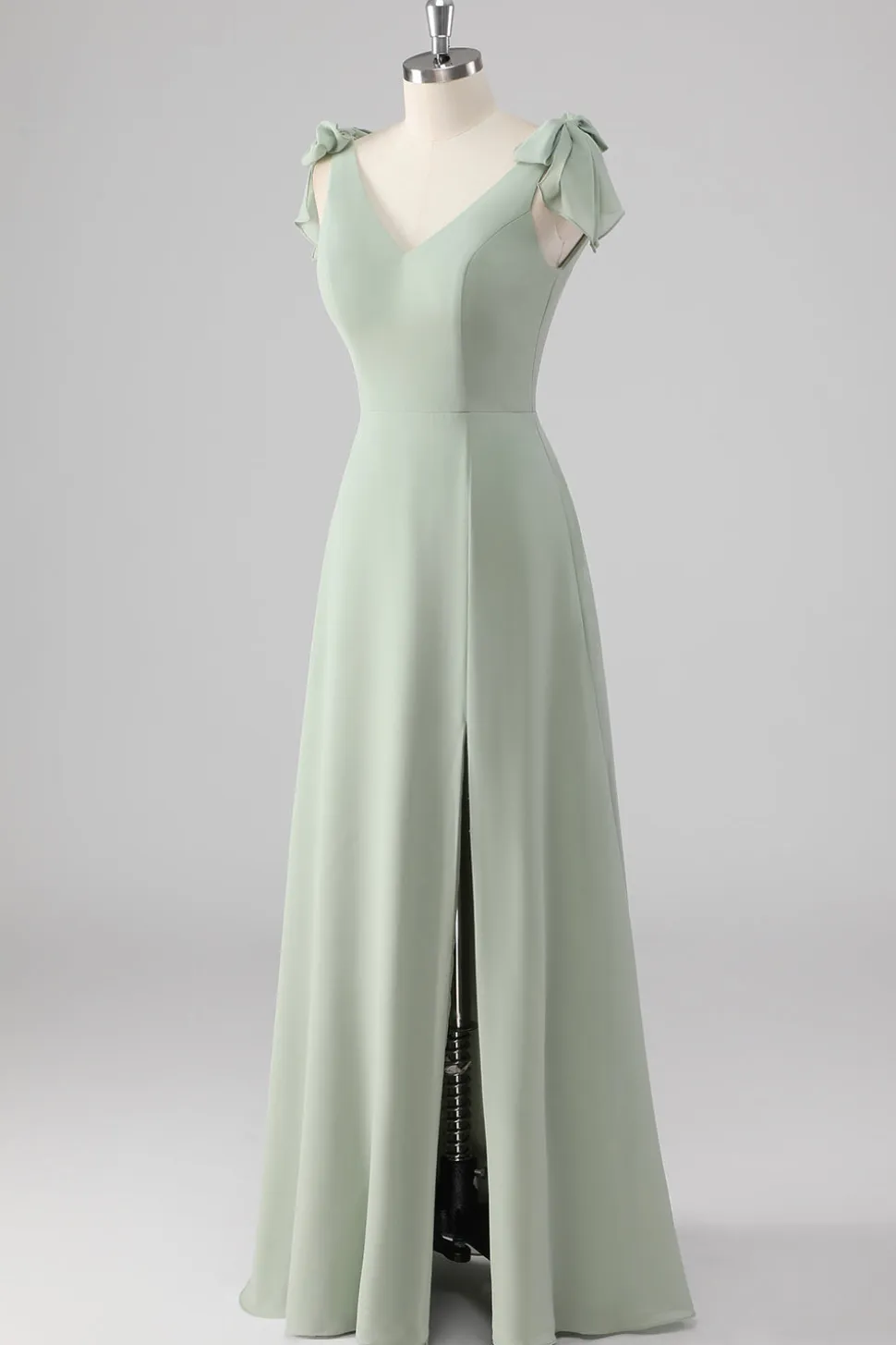 V Pescoço Uma Linha Bow Tie Sage Vestido Verde Madrinha com Fenda