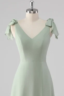 V Pescoço Uma Linha Bow Tie Sage Vestido Verde Madrinha com Fenda