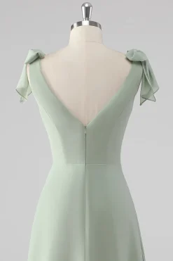 V Pescoço Uma Linha Bow Tie Sage Vestido Verde Madrinha com Fenda