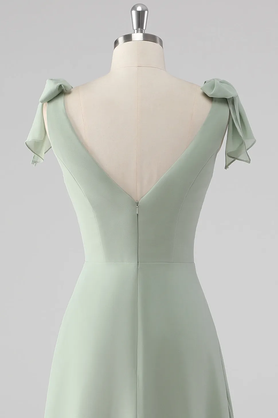 V Pescoço Uma Linha Bow Tie Sage Vestido Verde Madrinha com Fenda
