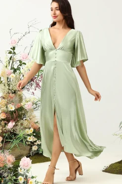 V Pescoço Verde Claro Vestido de Dama de Honor Com Meias Mangas