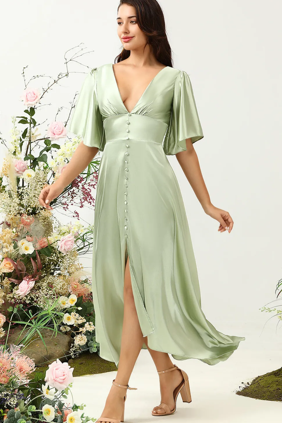 V Pescoço Verde Claro Vestido de Dama de Honor Com Meias Mangas