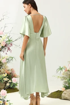 V Pescoço Verde Claro Vestido de Dama de Honor Com Meias Mangas