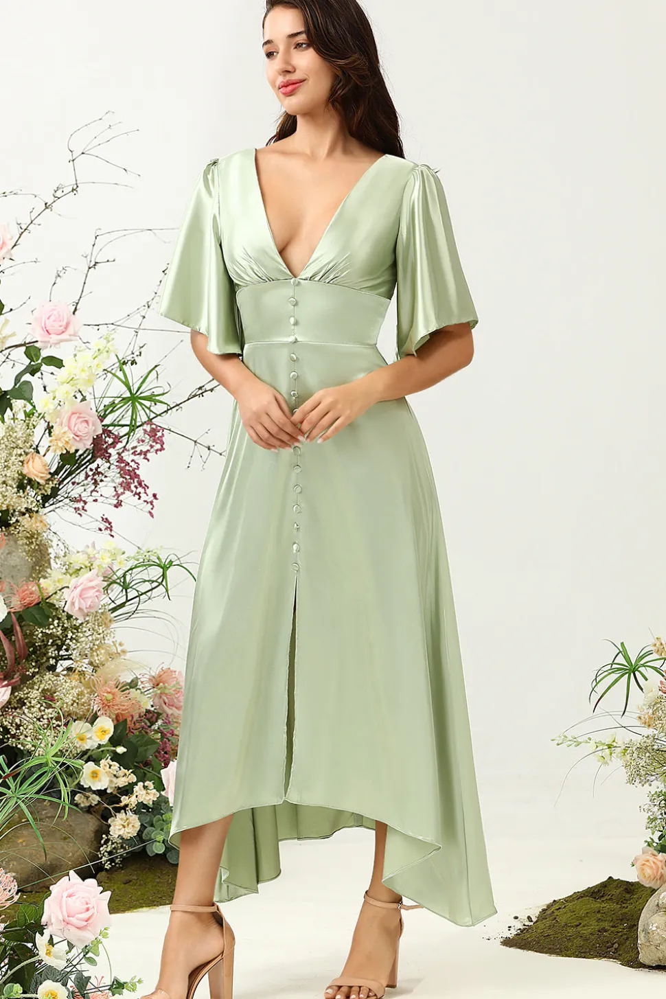 V Pescoço Verde Claro Vestido de Dama de Honor Com Meias Mangas