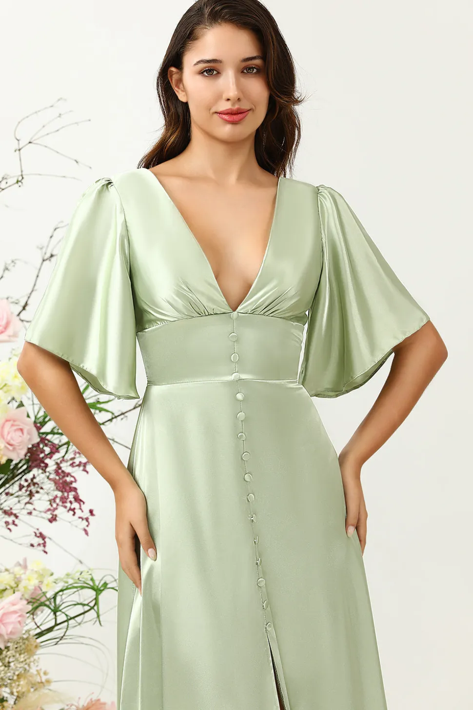 V Pescoço Verde Claro Vestido de Dama de Honor Com Meias Mangas
