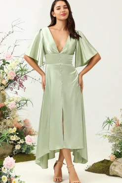V Pescoço Verde Claro Vestido de Dama de Honor Com Meias Mangas