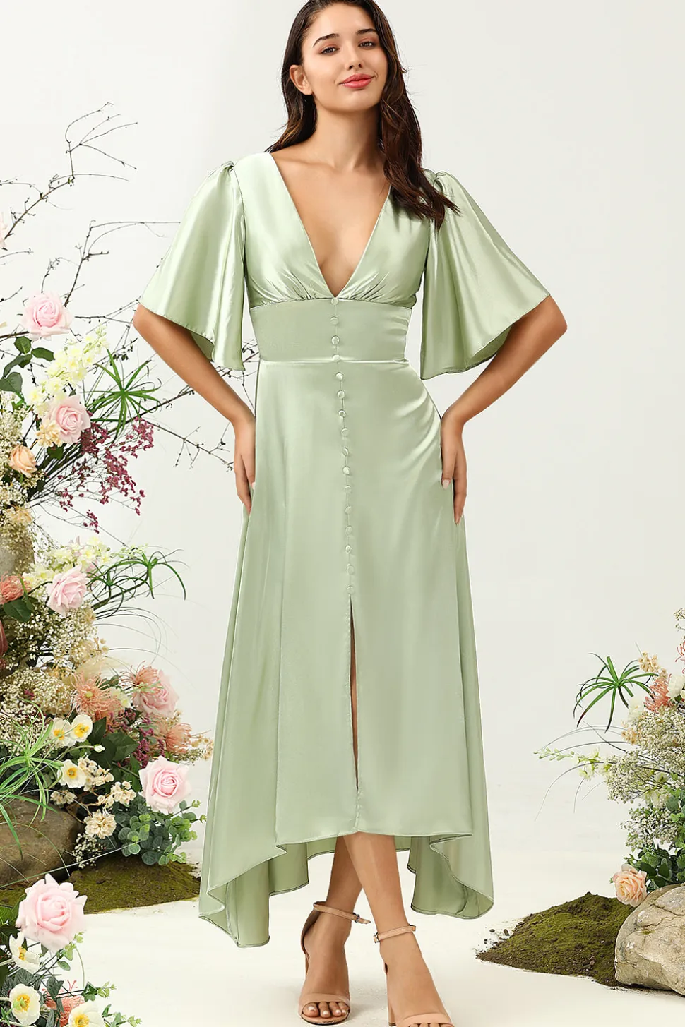 V Pescoço Verde Claro Vestido de Dama de Honor Com Meias Mangas