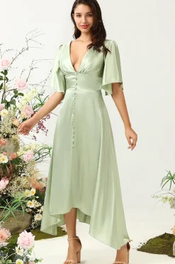 V Pescoço Verde Claro Vestido de Dama de Honor Com Meias Mangas
