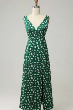 V Pescoço Verde Vestido Formal com Fenda