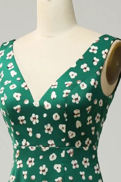 V Pescoço Verde Vestido Formal com Fenda