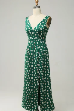 V Pescoço Verde Vestido Formal com Fenda