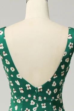 V Pescoço Verde Vestido Formal com Fenda