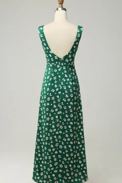 V Pescoço Verde Vestido Formal com Fenda