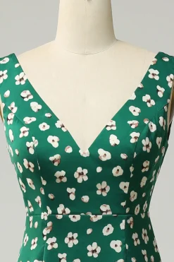 V Pescoço Verde Vestido Formal com Fenda