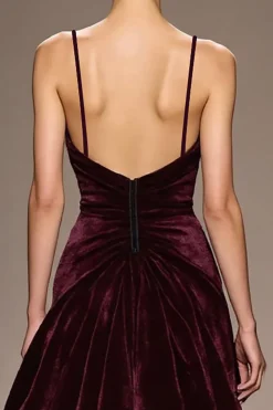 Veludo Borgonha Uma Linha Esparguete Correias Vestido de Noite Longo