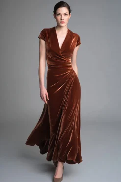 Veludo Caramelo Ruched V Neck Long Holiday Vestido de Festa