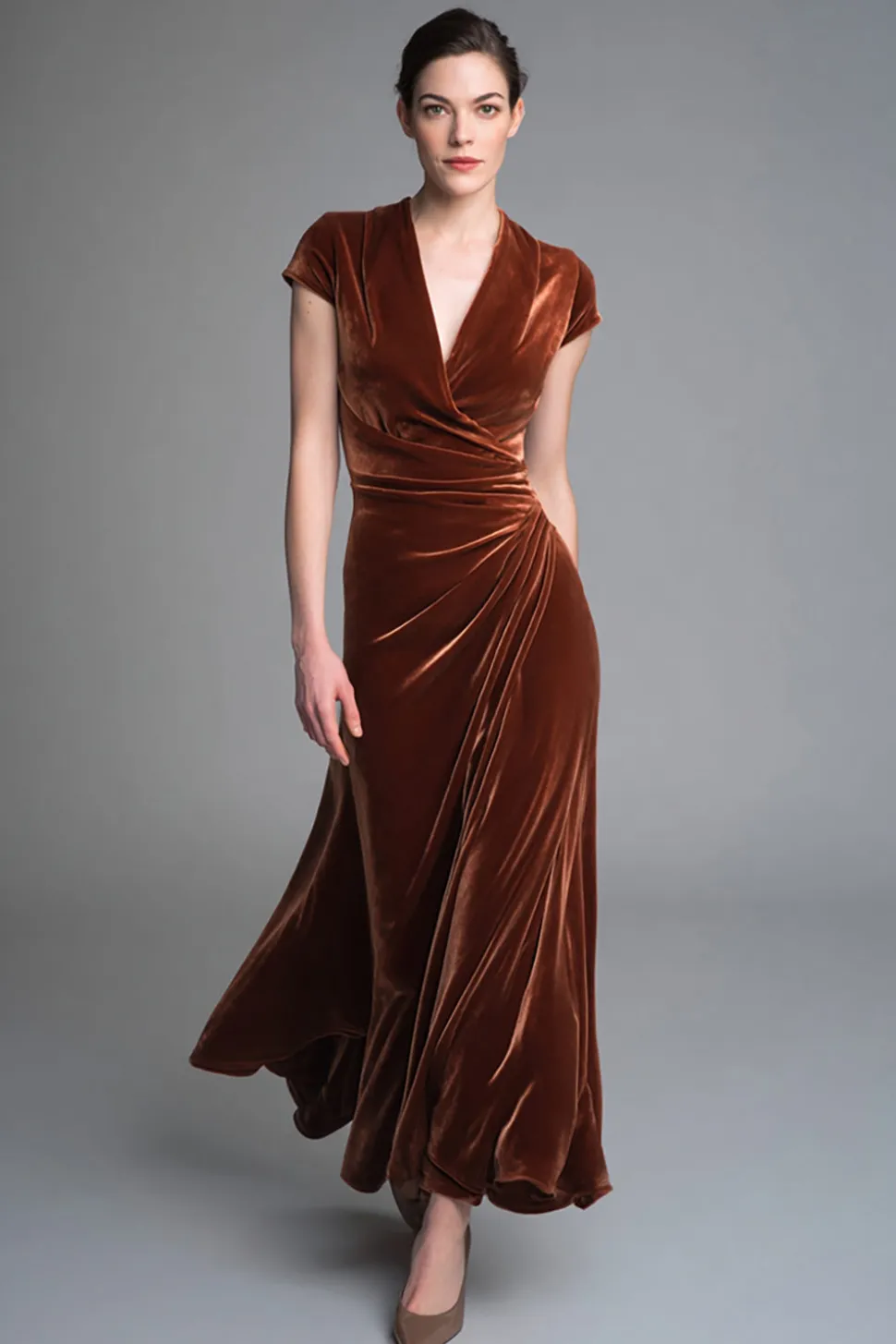 Veludo Caramelo Ruched V Neck Long Holiday Vestido de Festa