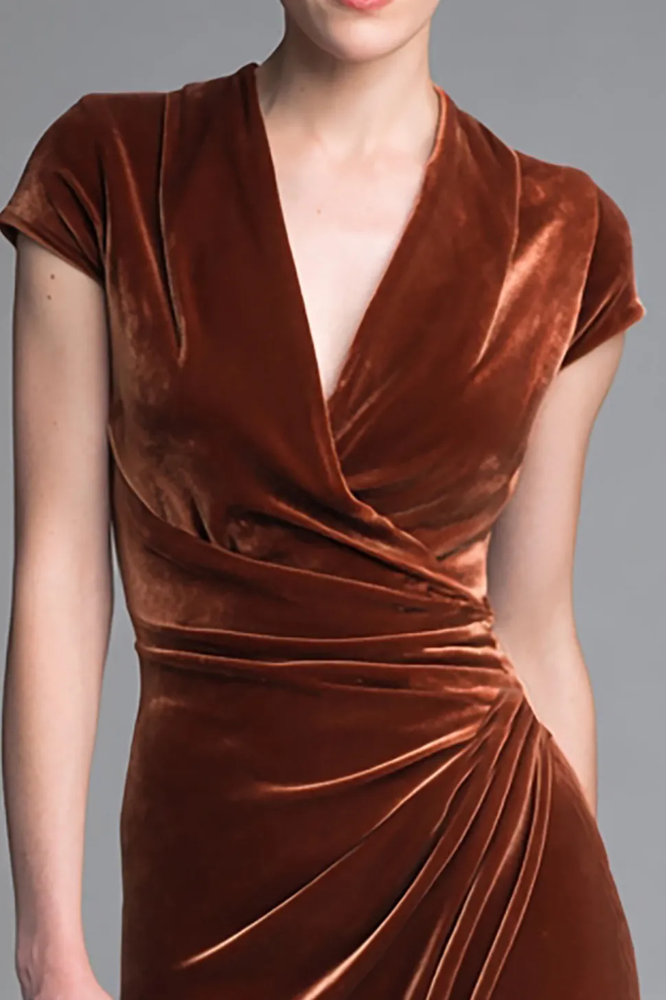 Veludo Caramelo Ruched V Neck Long Holiday Vestido de Festa
