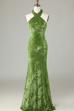 Veludo Halter Olive Vestido Madrinha