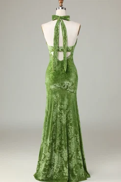 Veludo Halter Olive Vestido Madrinha
