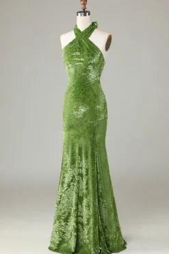 Veludo Halter Olive Vestido Madrinha