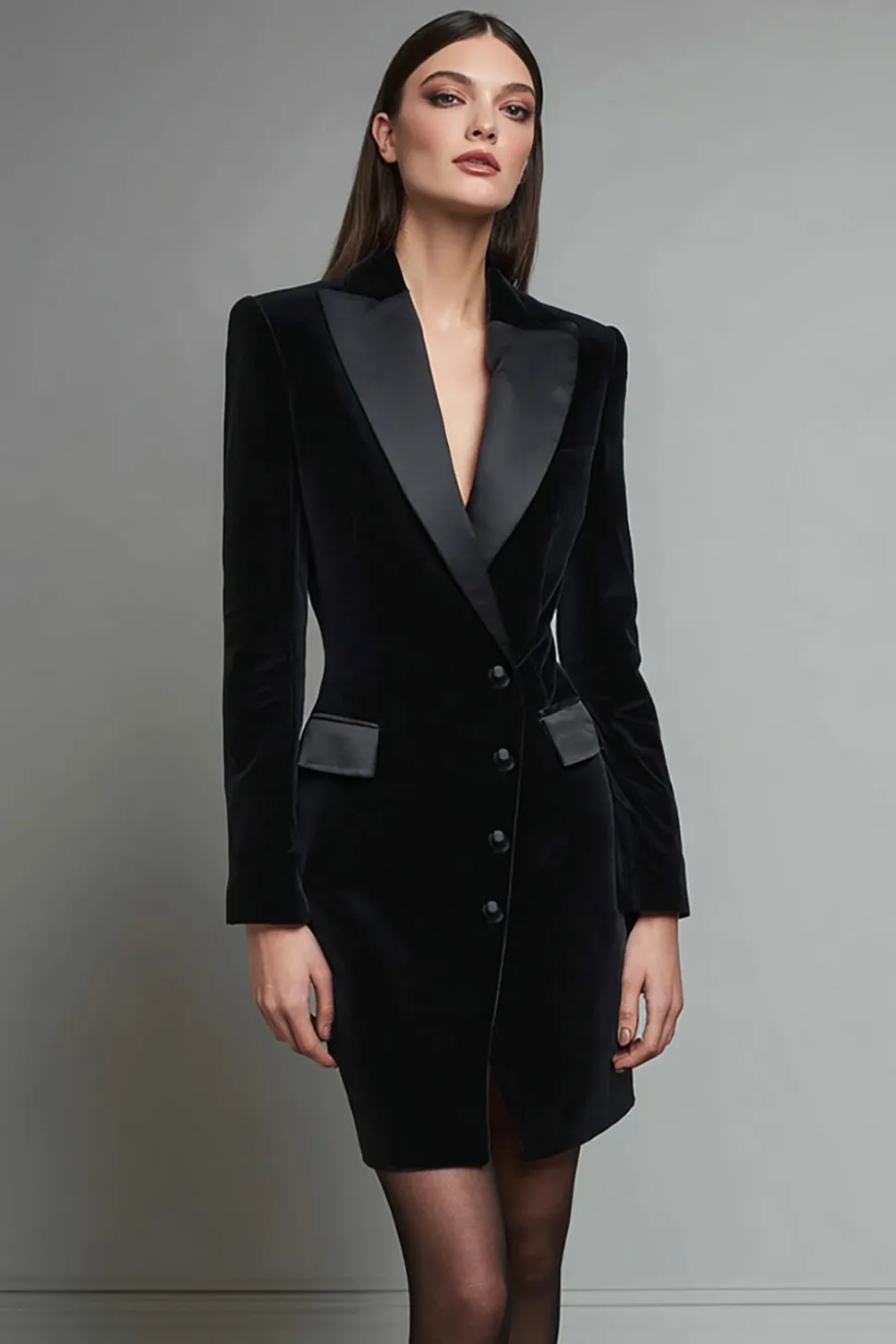 Veludo Lápis Preto Pico Lapela Vestido Blazer Curto