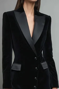 Veludo Lápis Preto Pico Lapela Vestido Blazer Curto