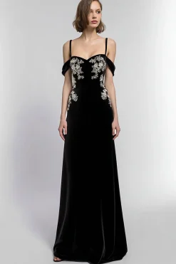 Veludo Preto Cold Shoulder Bainha Long Holiday Vestido de Festa