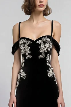 Veludo Preto Cold Shoulder Bainha Long Holiday Vestido de Festa