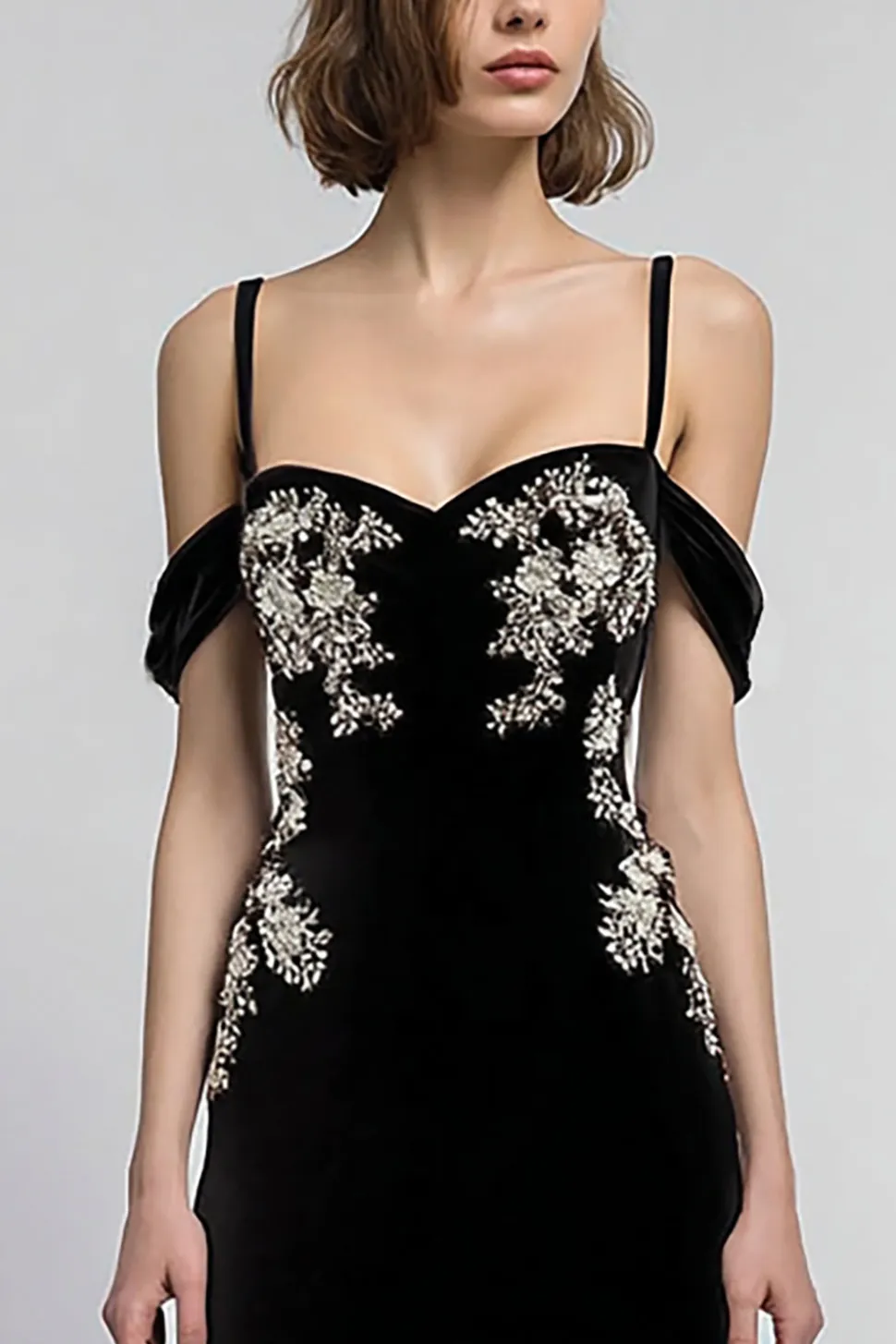 Veludo Preto Cold Shoulder Bainha Long Holiday Vestido de Festa