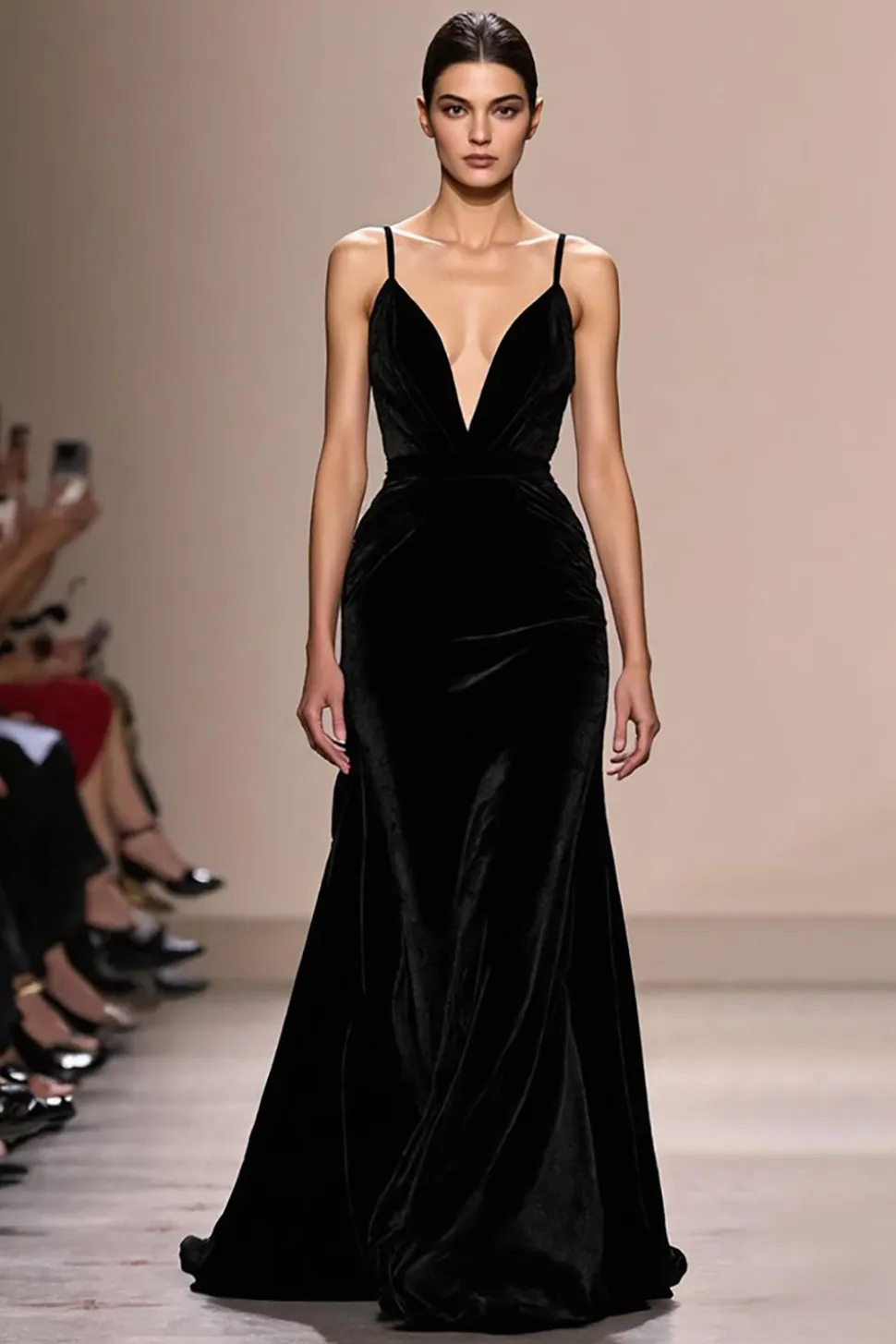 Veludo Preto Esparguete Correias Backless Vestido de Noite