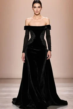 Veludo preto fora do ombro longo vestido de noite com mangas