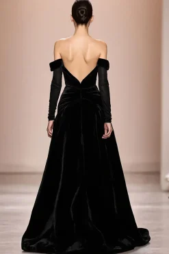 Veludo preto fora do ombro longo vestido de noite com mangas