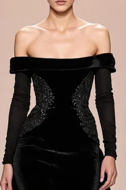 Veludo preto fora do ombro longo vestido de noite com mangas