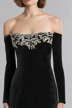 Veludo Preto Fora do Ombro Vestido de Festa de Longo Feriado