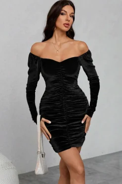 Veludo Preto Mangas Longas Bodycon Vestido de Festa