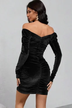 Veludo Preto Mangas Longas Bodycon Vestido de Festa