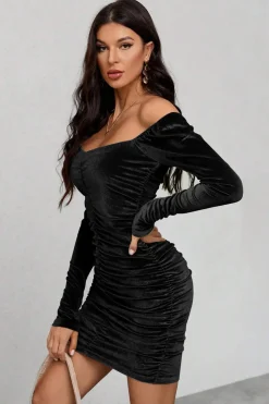 Veludo Preto Mangas Longas Bodycon Vestido de Festa