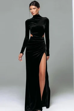 Veludo Preto Pescoço Alto Mangas Longas Vestido de Festa de Férias com Fenda