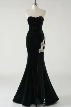 Veludo preto sem alças laços brilhantes longo vestido formal com fenda alta (não luvas)